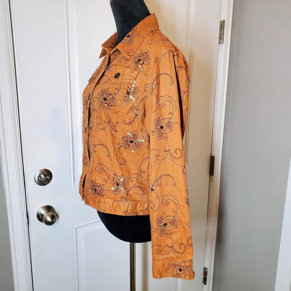 Hearts Of Palm Women's Brown Jeweled Floral Button Front Collared Jacket Sz 10 - Picture 17 of 17